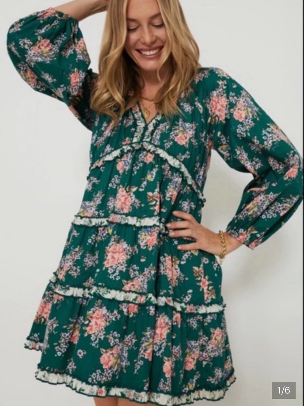 Tuckernuck Hyacinth House Trina Green Floral Tiered Mini Dress Sz S